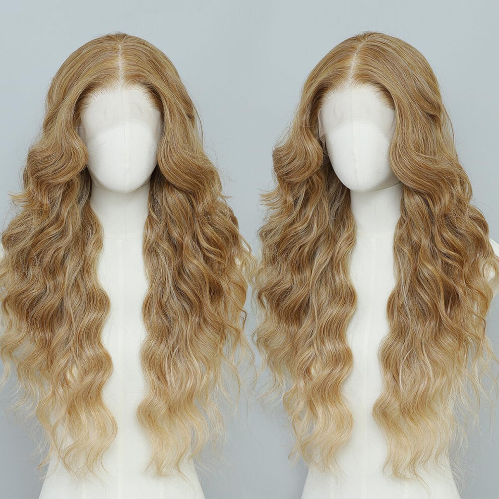 Layshago Ombre Blonde Synthetic Lace Front Wigs Pre Plucked 26 Inch Long Wavy 100% Futura Premium 13X4 Hd Lace Wigs For Black Women Ready To Wear Beginner Fri