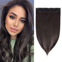 Benehair One Piece Clip in Human Hair Extensions - Natural Black 16inch 3/4 Full Head Remy vlasy dlouh rovn mekk 5 klipu