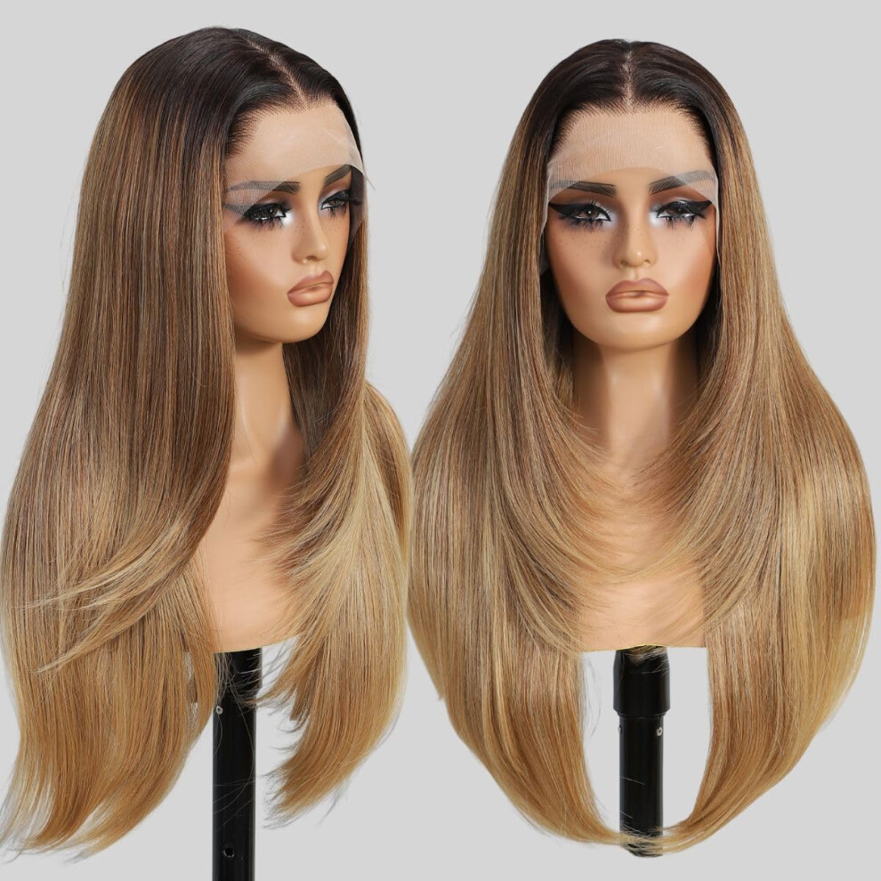 Sheshakewave 13X4 Synthetic Lace Front Wigs Pre Plucked Honey Blonde With Black 26 Inch Long Layered Straight Wigs For Women 100% Futura Premium Fiber Ready To We