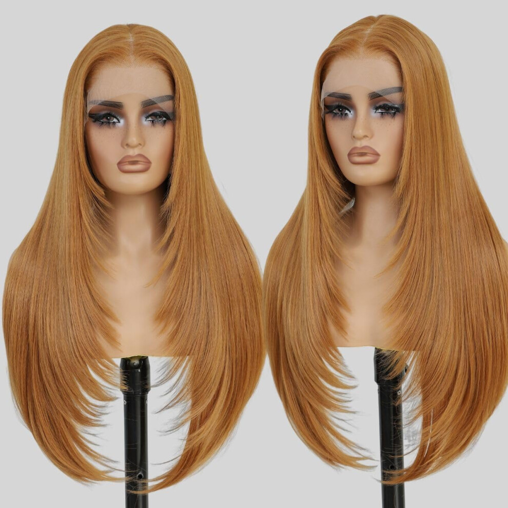 Sheshakewave 13X4 Synthetic Lace Front Wigs Pre Plucked 26 Inch Long Layered Ginger Straight Wigs For Women 100% Futura Premium Fiber Ready To Wear Wig With Bangs