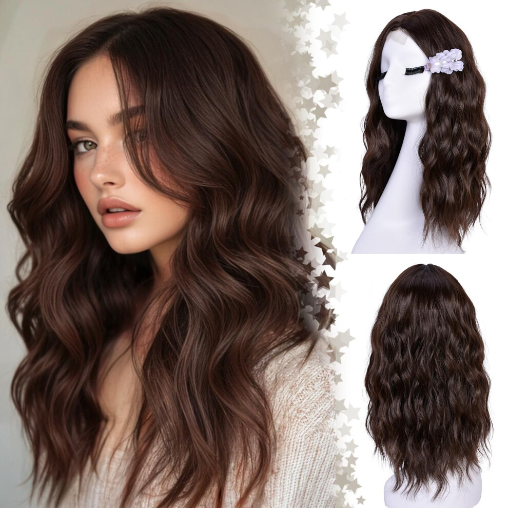 Curlcrazy Unisex Brown Short Wavy Wigs For Women Bob Wave Wig Natural Looking Synthetic Middle Part Lace Front Hair For Everyday Hairstyle 18Inch