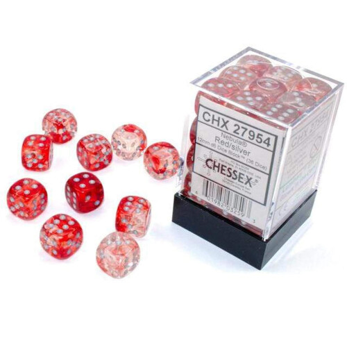 Chessex Nebula 12mm d6 r?d/s?lv m/lumin?r terningblok (36 terninger)
