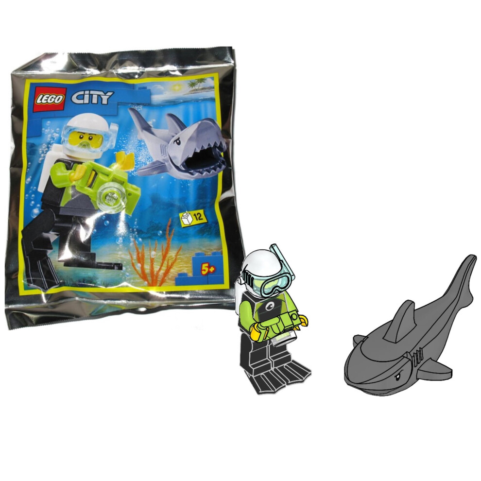 Lego City Minifigure - Male Diver In Wetsuit (With Camera, Fish, And Sea Plant) 60221