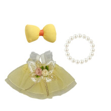 Conjunto de Roupas para Bonecas 17cm (Sem Boneca), Laço & Colar de Pérola & Vestido de Renda Amarelo