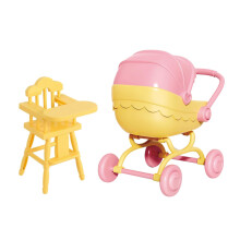 Pemalin Mini-poppenhuismeubelset Kinderwagen en kinderstoel Roze en gele miniatuuraccessoires Fantasiespelspeelgoed voor kinderen
