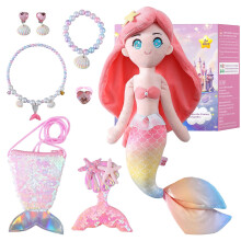 HCdoujoy Zeemeerminspeelgoedset Pluche Prinses Roze Zeemeerminpop met kinderen Aankleedsieradenset Fantasiespel Accessoires Verjaardagscadeaus Speelg