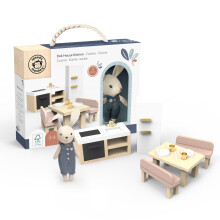 Speedy Monkey Doll House Kitchen Playset with Bunny - Miniature FSC Wooden Kitchen Furniture Set - Dining Table 4 Chairs Fridge & Accessories - Pre
