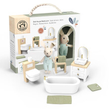 Speedy Monkey Doll House Bathroom Playset with Bunny - Miniature Wooden Bathroom Furniture Set with Bathtub Sink Scale Toilet & Mirror - Pretend P