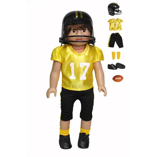 Conjunto de Futebol Amarelo e Preto 6pc para Bonecas de 18 Polegadas | Qualidade Premium & Design Moderno | Roupas para Bonecas
