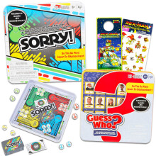 Magnetische spelreisset voor kinderen - Bundel met 2 reisspellen in blik met Sorry Guess Who plus stickers Meer | Hasbro Reisspellen voor kinderen va