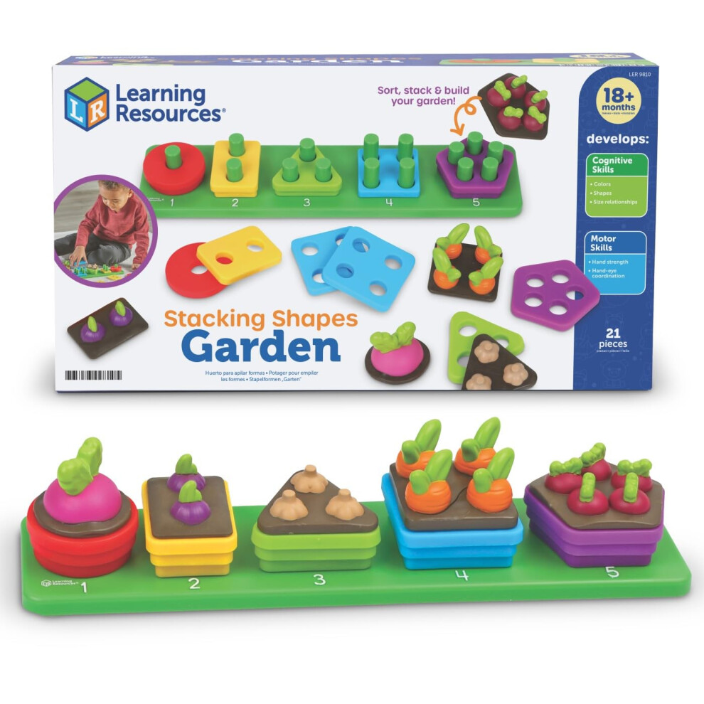 Learning Resources Stacking Shapes Garden, Fine Motor Skills, Stacking And Sorting Puzzle Board, Montessori Toddler Sensory Table Toys, Color Matching