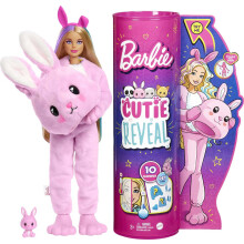 Barbie Cutie Reveal - Poupe mannequin avec costume de lapin en peluche et 10 surprises incluant un mini animal de compagnie et un changement de