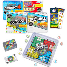Hasbro Gaming Magnetische Spelreisset voor Kinderen - Bundel met 4 Reisspellen in blik met Connect 4 Sorry Trouble Guess Who Plus Stickers | Reisspel