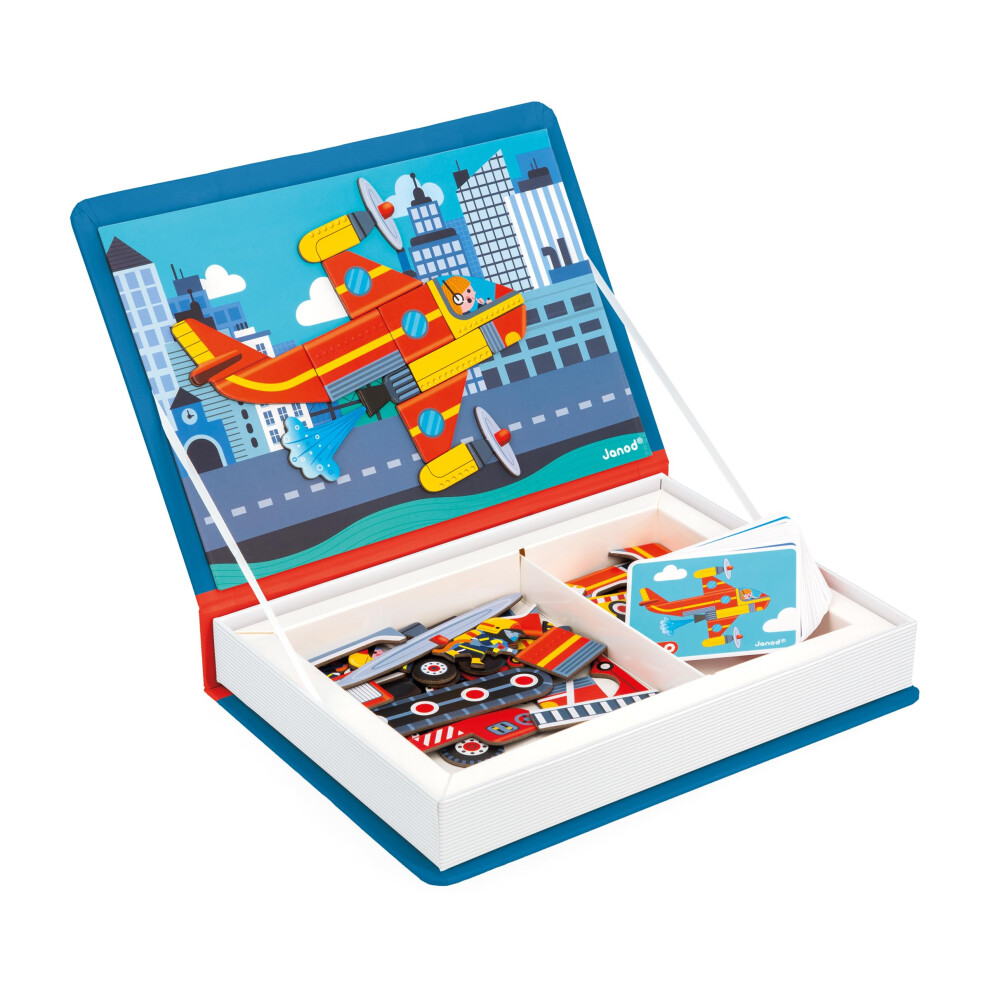 Janod - Magnéti'book Firefighters - 60-Magnet Educational Game With 18 Model Cards - Children's Fsc Cardboard Toy - Develops Dexterity & Creativity - 3