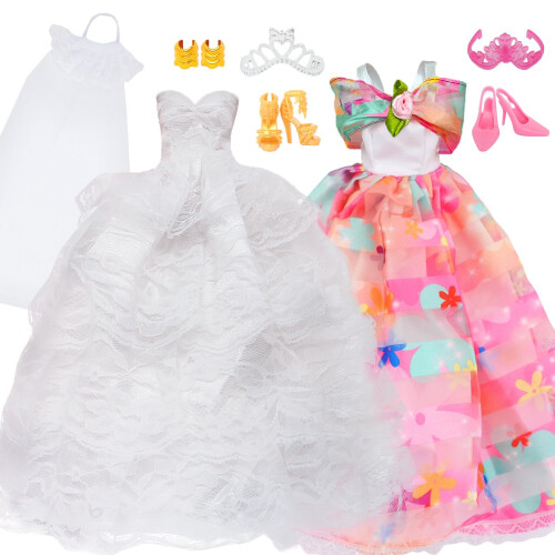 BLIJOLA Vestido de Casamento Branco com Véu e Roupa de Festa Rosa para Boneca de 11,5 Polegadas