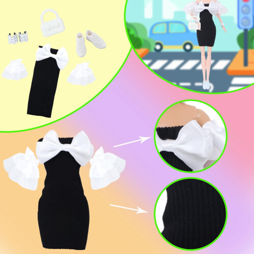 BLIJOLA 4 Conjuntos de Roupa para Bonecas de 11.5 polegadas, 11Pcs Vestidos Pretos Simples com Acessórios 2