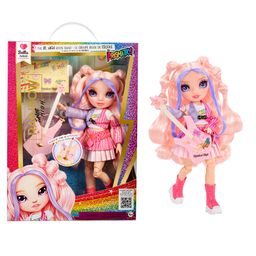 Rainbow High Jr High Banda de Rock - Bella, Boneca de Moda Rosa 9" com Guitarra, Customize com Adesivos