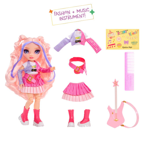 Rainbow High Jr High Banda de Rock - Bella, Boneca de Moda Rosa 9" com Guitarra, Customize com Adesivos 1