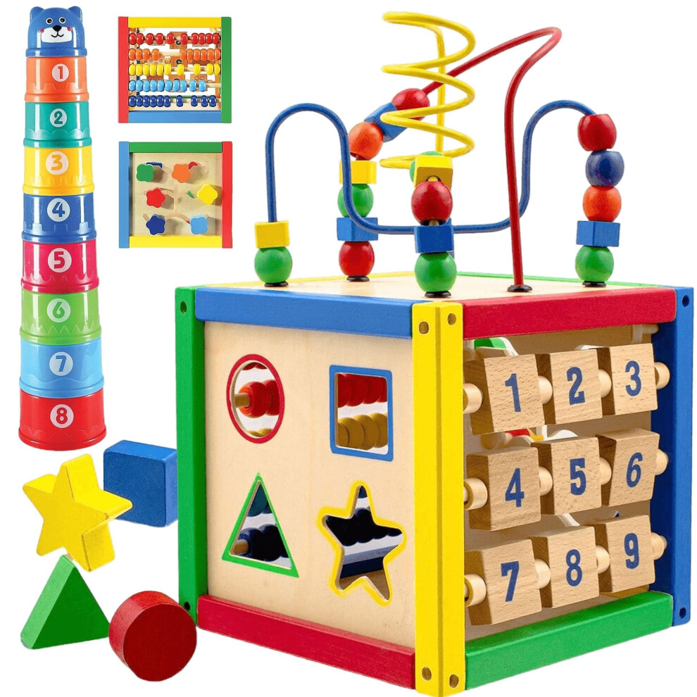 Wooden Activity Play Cube 6 In-1 For Baby With Removable Bead Maze Shape Sorter Abacus Counting Beads & Numbers Sliding Shapes 8Pcs Stacking Cups Play22