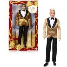 Barbie Signature 2025 Holiday Blonde Ken Poupe tendance collectionner portant un costume complet avec veste dore dans un emballage prsentabl