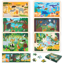 BONNYCO Wooden Puzzles for Kids Ages 4-6 and 3-5. Set of 6 Jigsaw Puzzles 24 Pieces with Board Animals from Diverse Ecosystems. Educational Toys Lea