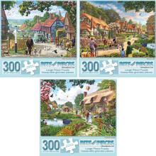 Stumper og stykker - v?rdis?t med tre store 300 brikkers puslespil til voksne - Village Life-puslespil af kunstneren Steve Crisp Fuldf?rt puslesp