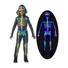 Seasons Rainbow Skeleton-kostume med h?tte til drenge Black-Light Responsive Halloween Cosplay-kostume (S(4-6))