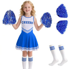 Fantasia de Cheerleader para Meninas, Traje de Cheerleading para Crianças com Pompons para Halloween 3-12 Anos (Azul, L)