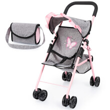 Bayer Design: Poppenbuggy - Grijs-Zacht Roze-Vlinder - Handtas Opvouwbare speelwagen voor poppen tot 16"" Zonnescherm Draaiwielen Veiligheidsgordel Ki