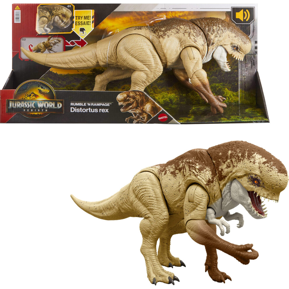Mattel Jurassic World Rebirth Distortus Rex Rumble N Rampage Dinosaur Action Figure 22 Inch With 2 Attack Actions Content-Accurate Digital Play