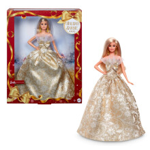 Barbie Signature 2025 Poupe blonde de vacances portant une robe argente et dore, collectionneur saisonnier dans un emballage et un support pr