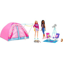 Barbie Poppen & 20 Accessoires, It Takes Two Camping Tent Speelset met Brooklyn & Malibu, Plus 2 Beweegbare Dieren