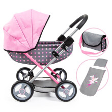 Bayer: Kinderwagen Cosy Fairy Poka Dot Grijs Roze - Inclusief deken+kussen+handtas voor poppen tot 48 cm vanaf 3 jaar