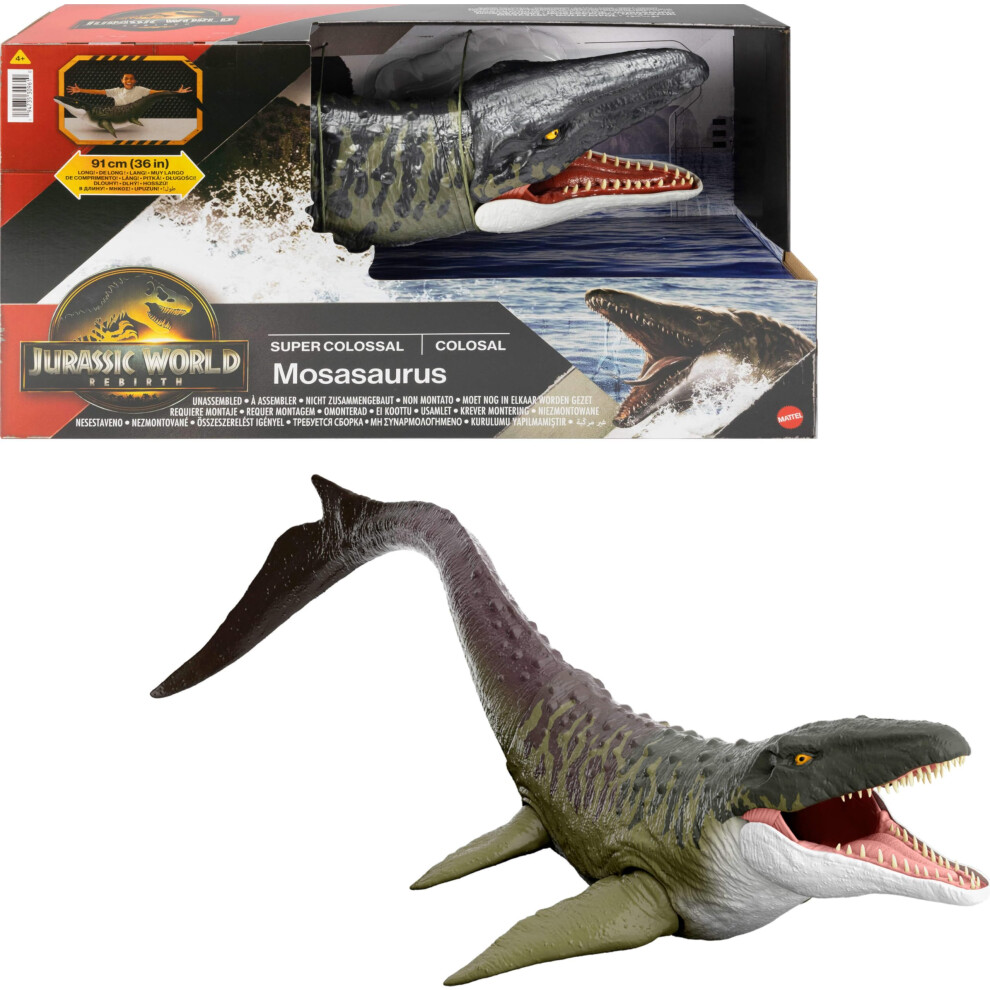 Jurassic World Mattel Rebirth Super Colossal Mosasaurus Action Figure Dinosaur Toy With 2 Attack Actions Movie-Accurate & Posable