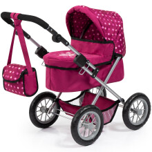 Bayer: Poppenwagen Trendy met schoudertas en daaronder boodschappenmand bordeauxrood met patroon