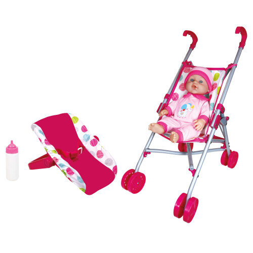 Boneca Lissi 12" com Cadeira de Carro e Carrinho de Bebé