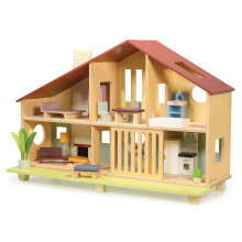Mentari Toys - Chalet in Cedro - Casa delle Bambole Moderna Mid-Century per Bambini - Design con Parte Frontale Aperta con 6 Camere e Mobili - Mi