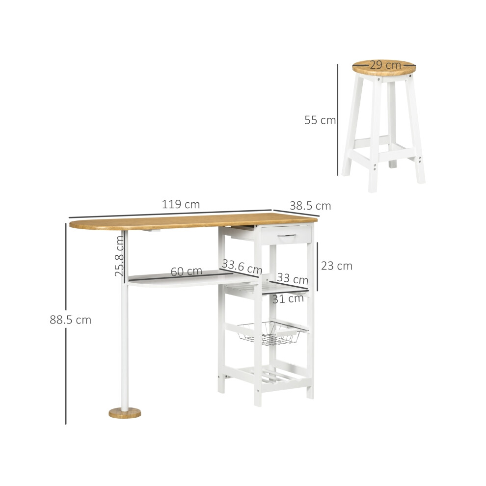 Bar Table Set with Stools - 3 Piece Kitchen Breakfast Bar with Storage Shelf Drawer Wire Basket & Wine Rack in Natural & White-image-OPC-PMXC2TW-NEW