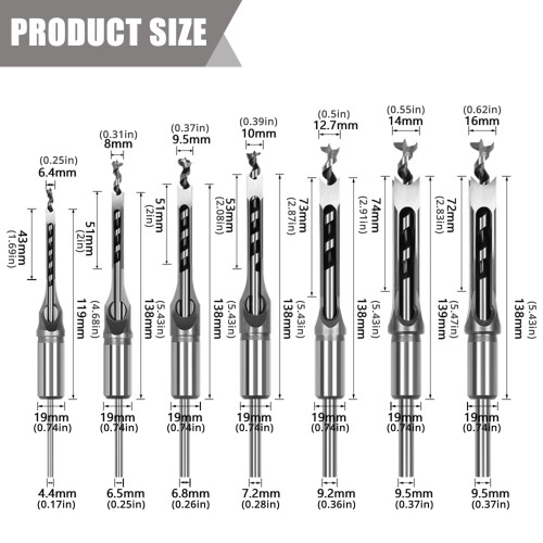 7 Piece Square Hole Woodworking Drill Set Mortise Chisel Bits 1