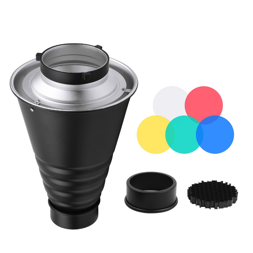 Large Metal Conical Snoot With Honeycomb & 5 Color Filters For Studio Strobes 9361360234414
