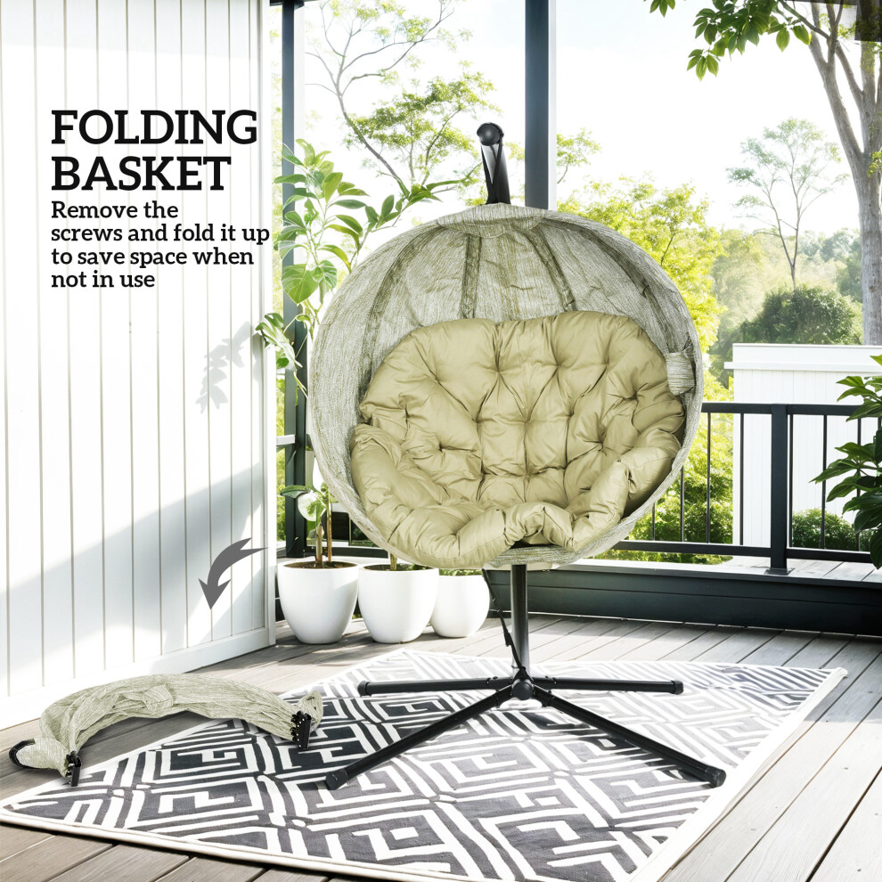 Garden Hanging Egg Swing Chair with Stand Thickened Cushion Cup Holder Folding Basket Khaki Suitable for Patio & Balcony-image-OPC-PMXD87S-NEW