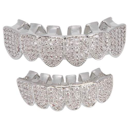 Silver Plated Copper Bling Teeth Set with Fixing Wax for Halloween Fun 1