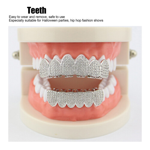 Silver Plated Copper Bling Teeth Set with Fixing Wax for Halloween Fun 2