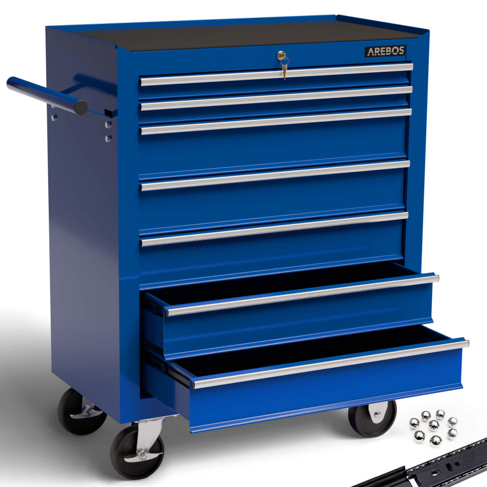 Arebos 7-Drawer Tool Cabinet Garage Tool Chest With Wheels Workshop Tool Storage Lockable Blue