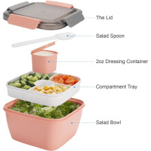 Duurzame, lekvrije lunchbox, salade-lunchbox voor onderweg, compartimenten met dressingbakje, BPA-vrij, grote saladekom, draagbaar