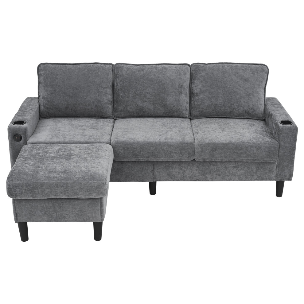 U-Shaped L Sofa Couch Sectional with USB Ports Cup Holder Grey 3 Seater for Compact Living Room Spaces-image-OPC-PMXFVH6-NEW