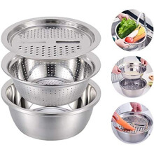 Set di utensili da cucina multifunzionale, in acciaio inossidabile massiccio, tagliaverdure 3 in 1 con cestello di scolo per lavare frutta e verdura,