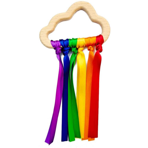 2 Stück Regenbogen Holz Rasselring für Babys, Wolken-Design, 47cm