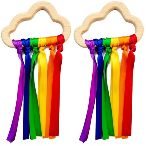 2 Stück Regenbogen Holz Rasselring für Babys, Wolken-Design, 47cm 1