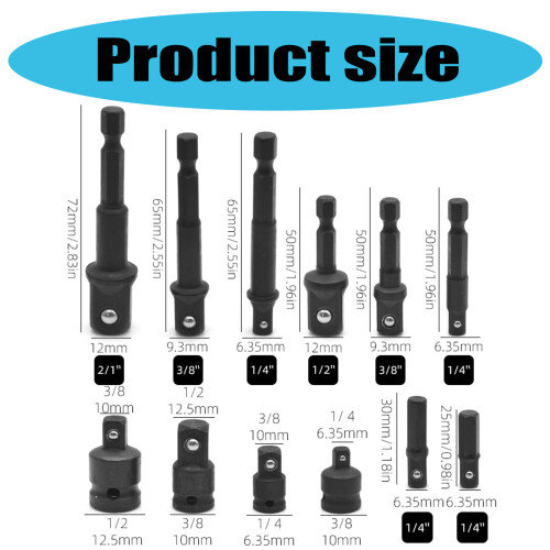 Pack of 12 Impact Prepared Socket Adapters with Hex Shanks Drill 2
